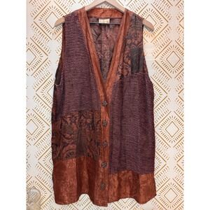 U.R.U. Silk Vest Women Size L Brown Buttons Patchwork Art To Wear Boho Longline